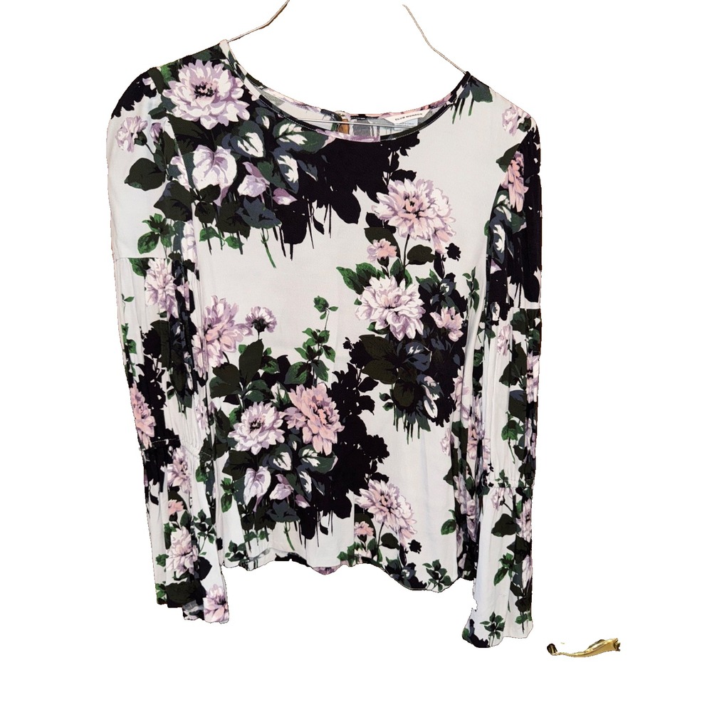 Club Monaco Women Size Medium Purple White Floral Bell Long Sleeve Blouse